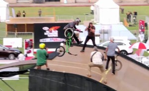 Pat Laughlin reaches for his second bike after ditching the first