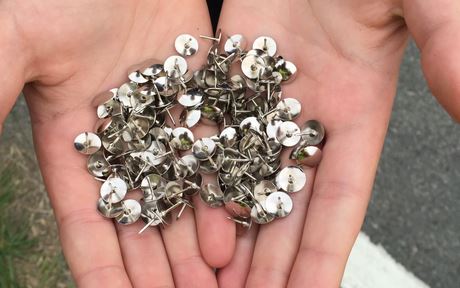 Drawing pins found at Redhill CC race 2015 cropped (picture courtesy Adrian Webb)