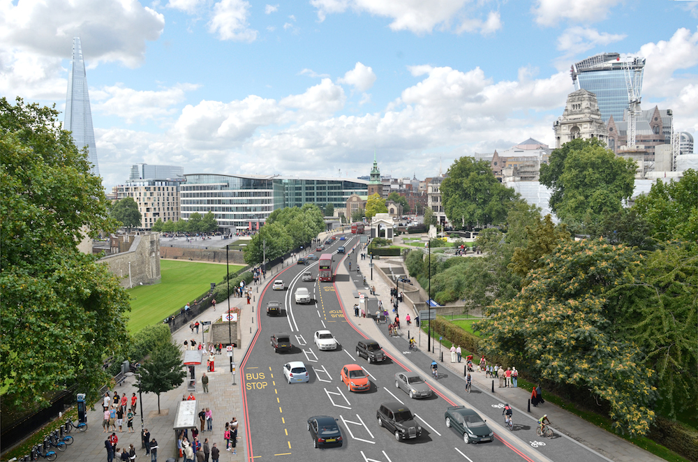 New Cycle Superhighways – Visualisation of proposed segregated two-way cycle track on Tower Hill