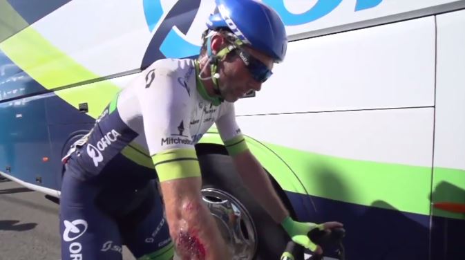 Michael Albasini after 2015 TdF Stage 3 crash (Orica-GreenEdge YouTube still)