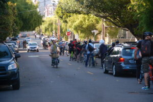 San Francisco bike commuters queued up for over a block to make a full stop at Steiner and Waller Streets. Photo Aaron Bialick
