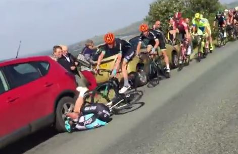 Mark Cavendish crashes out of 2015 Tour of Britain (video still from Jon Poole on YouTube)