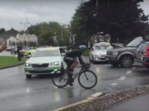 Team cars on Norwich roundabout (taken from YouTube video)