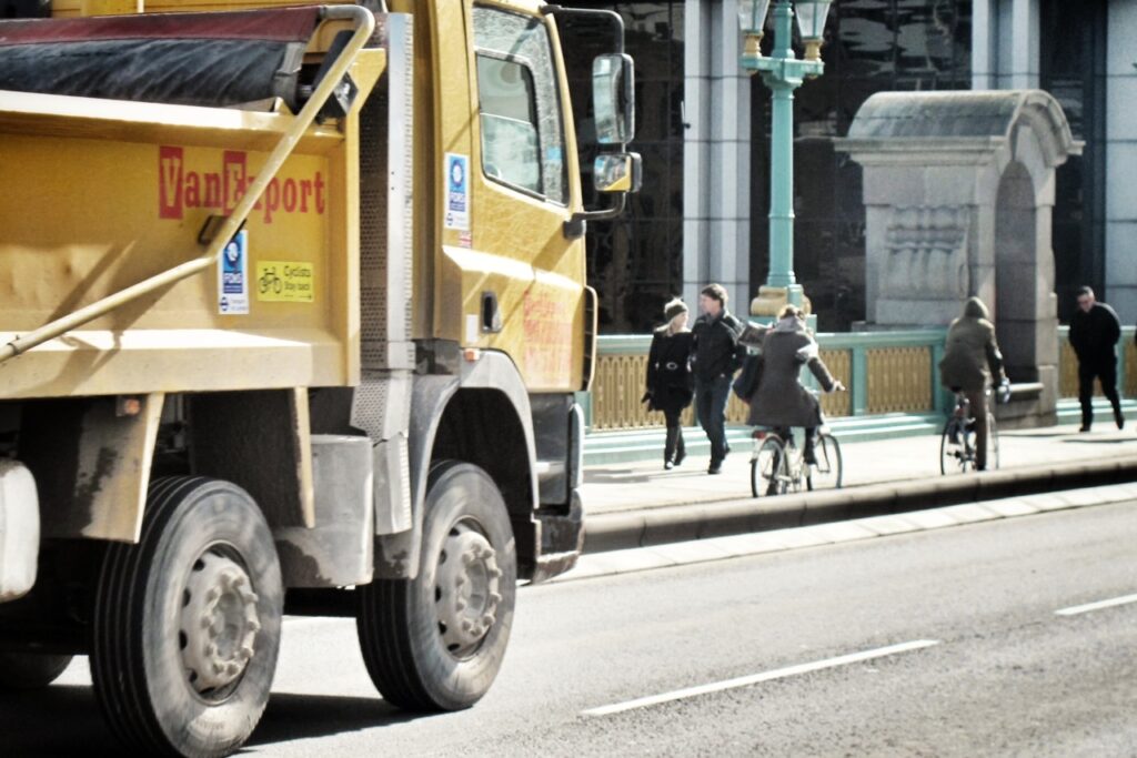 Tipper truck and cyclists (copyright Simon MacMichael)