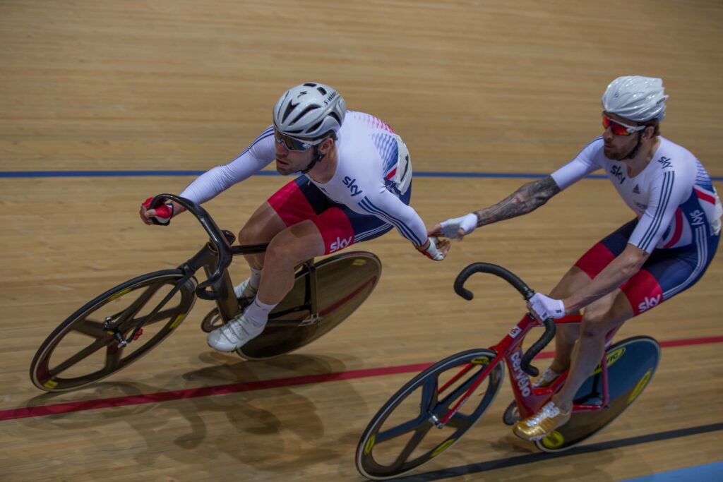 Mark Cavendish and Sir Bradley Wiggins ride the Madison (picture credit Michael Poole)