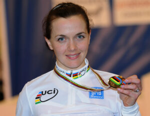 Victoria Pendleton with World gold (copyright British Cycling).jpg