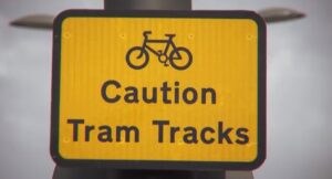 Caution Tram Tracks (source – Edinburgh Council YouTube video)