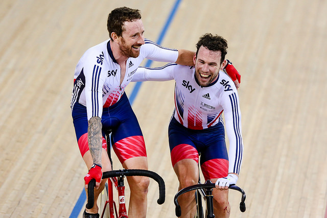 Sir Bradley Wiggins and Mark Cavendish at Track Worlds 2016 (copyright Charlie Forgham-Bailey, SWpix.com).jpg