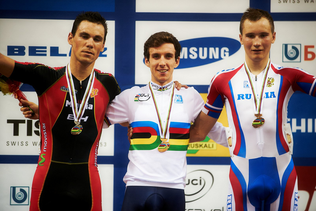 GB’s Simon Yates with Spain’s Eloy Teruel and Russia’s Kirill Sveshnikov (copyright Britishcycling.org.uk)