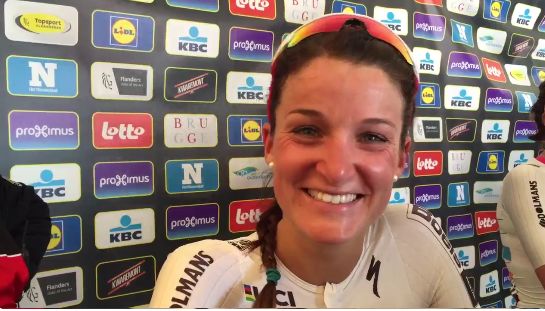 Lizzie Armitstead after winning Tour of Flanders 2016 (Ronde van Vlaanderen Twitter video still).JPG