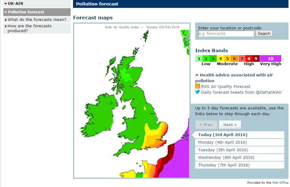 Air pollution on 3 April 2016 from Defra and Met Office