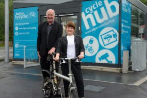 Councillors Chris Paul and Kate Butler at the official opening of Stockport Cycle Hub (TfGM).jpg