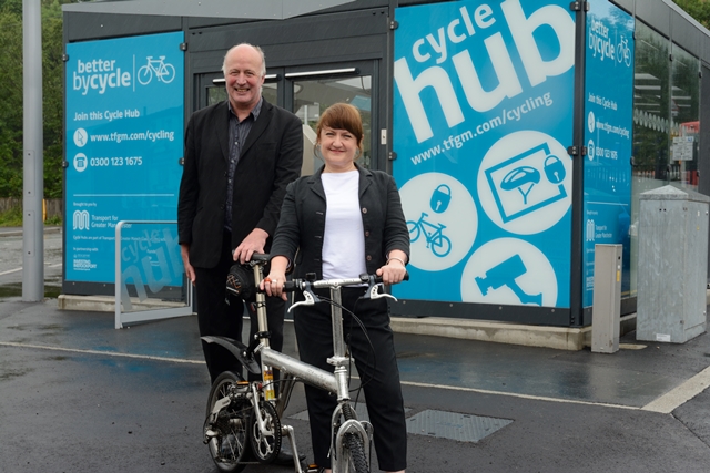 Councillors Chris Paul and Kate Butler at the official opening of Stockport Cycle Hub (TfGM).jpg