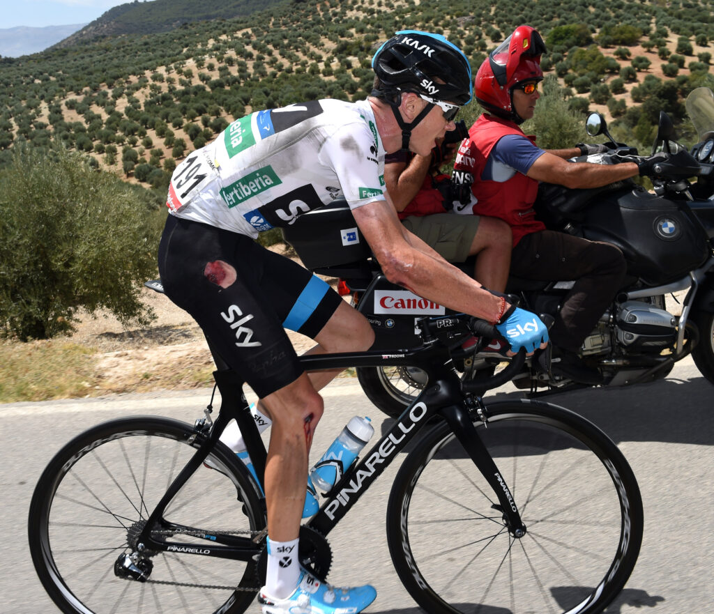 Chris Froome after crashing on Vuelta 2014 stage 7 (picture – Unipublic, Graham Watson)