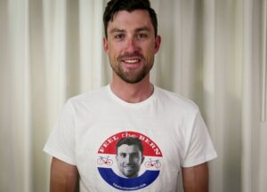 Bernie Eisel in Feel The Bern t-shirt (picture credit – The Peloton Brief).jpg