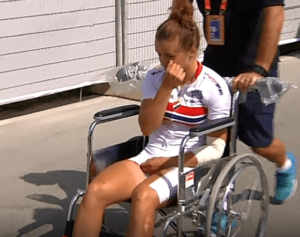 Susanne Andersen after being knocked from her bike (TV2 still).PNG