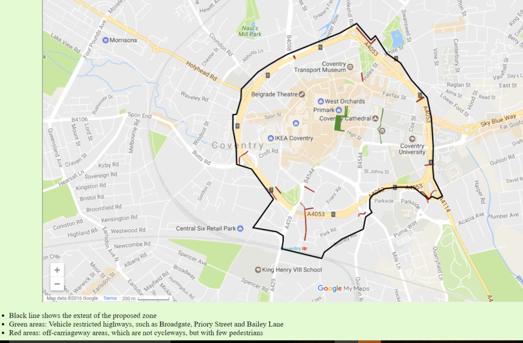 Extent of proposed Coventry PSPO banning cycling