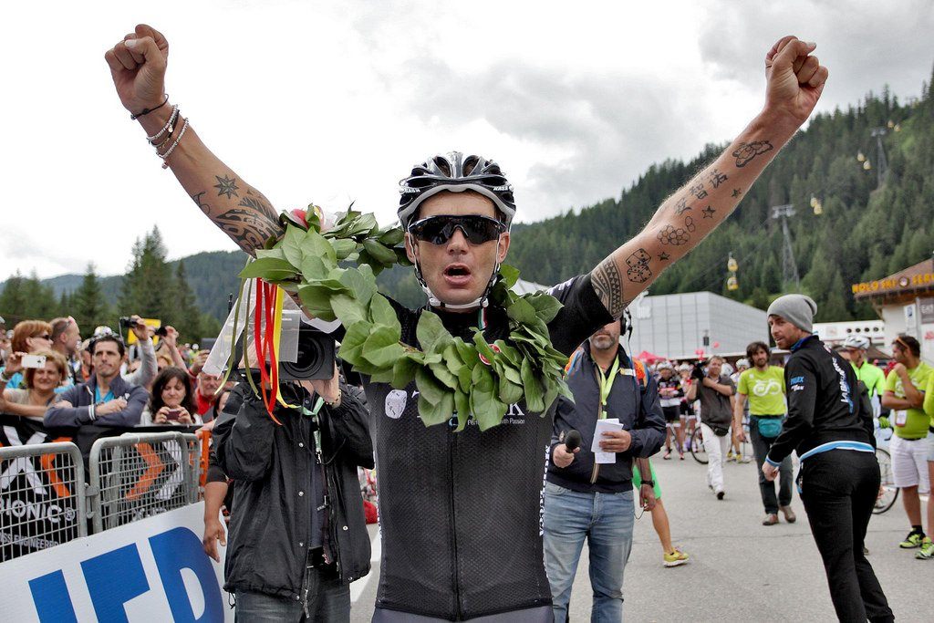 Stefano Cecchini after winining 2014 Maratona dles Dolomites (picture Daniel Töchterle, Maratona dles Dolomites).jpg