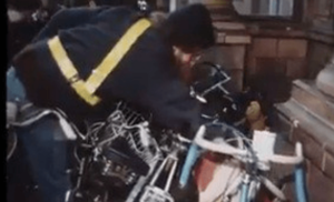 Cyclists protest British Rail ban in 1980 (BBC archive footage still).PNG