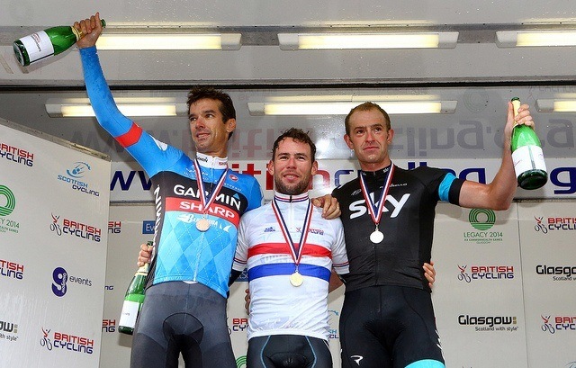National champion Mark Cavendish on the podium with David Millar and Ian Stannard, Glasgow 2013 (copyright Britishcycling.org_.uk).jpg
