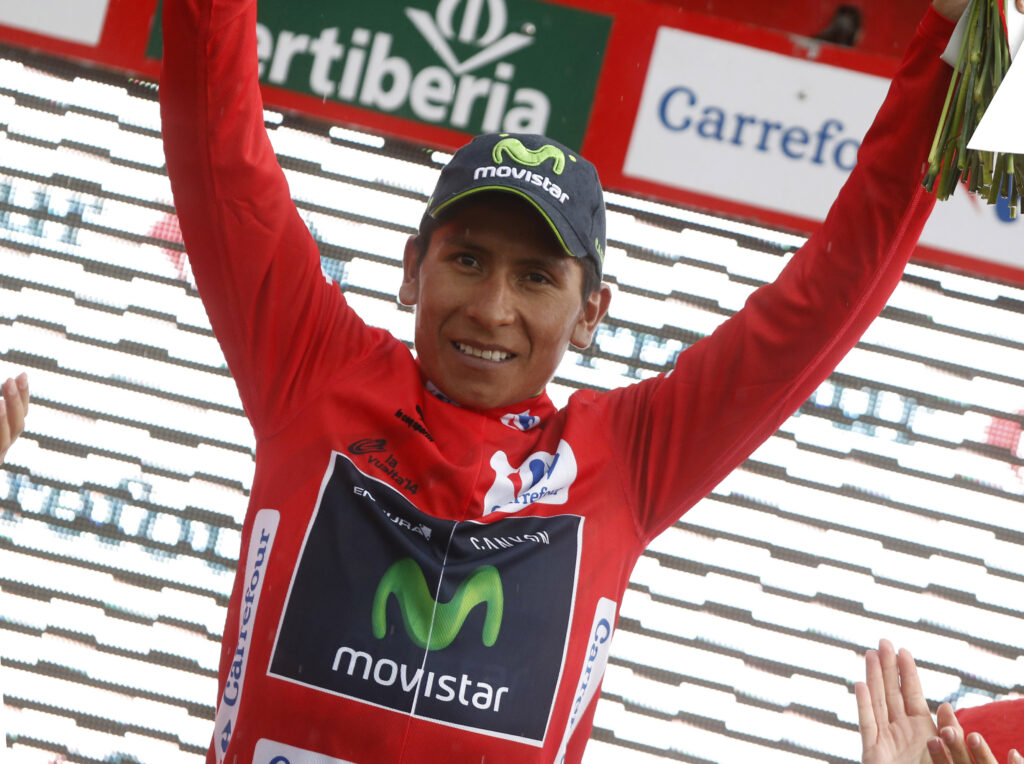 Nairo Quintana in Vuelta leader’s jersey after Stage 9 2014 (pic Unipublic, Graham Watson)