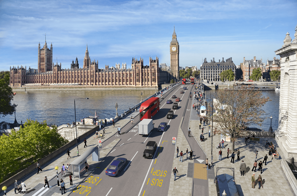 Westminster Bridge cycle route amended design with zebra crossings on bus stop bypasses
