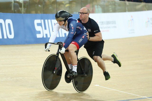British Cycling sprint coach Jan van Eijden gives a helping hand at 2017 World Championships (copyright Britishcycling.org,uk).jpg