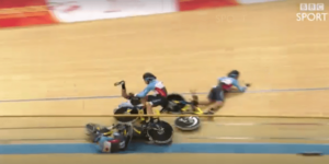 Canada team pursuit crash at UCI Track World Championships 2017 (video still via BBC Sport).PNG