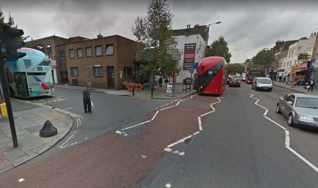 Denmark Hill junction with Orpheus Street (via StreetView).jpg