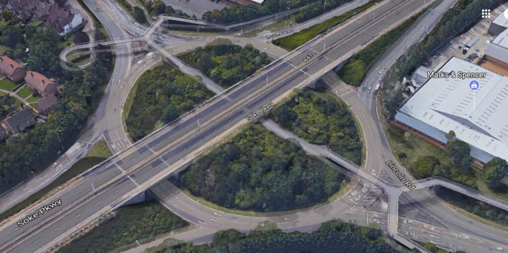 Rhubarb Bridge junction in Peterborough (Google Maps).JPG