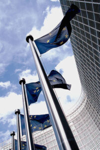 European Flags outside Commission building (picture Xavier Häpe, Wikimedia Commons)