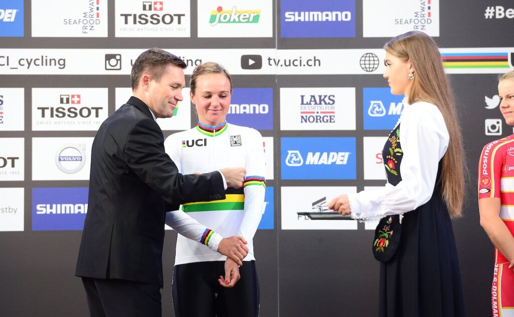 Chantal Blaak in the rainbow jersey (source UCI Cycling on Twitter).jpg