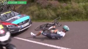 Karol Domagalski struck by Madison-Genesis team car at 2017 Tour of Britain.JPG