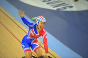 Jess Varnish celebrates a gold medal and  world record (© Dene Percy)