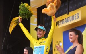 Fabio Aru in yellow after Stage 12 of 2017 Tour de France (credit Bettini Photo via Astana Team).jpg