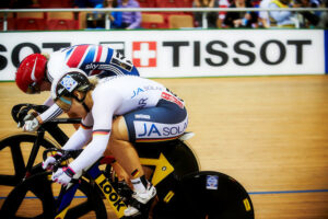 Kristina Vogel (near side) at UCI Track World Championships 2013 (copyright Britishcycling.org_.uk)