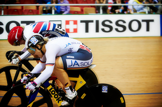 Kristina Vogel (near side) at UCI Track World Championships 2013 (copyright Britishcycling.org_.uk)