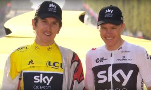 Geraint Thomas and Chris Froome on Tour de France podium (via YouTube)