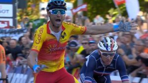 Alejandro Valverde wins 2018 UCI Road World Championship (via UCI on Twitter).JPG