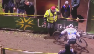Mathieu Van der Poel after crash with marshal at Diegem Superprestige 2018.PNG