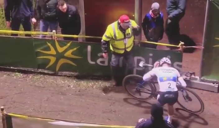 Mathieu Van der Poel after crash with marshal at Diegem Superprestige 2018.PNG