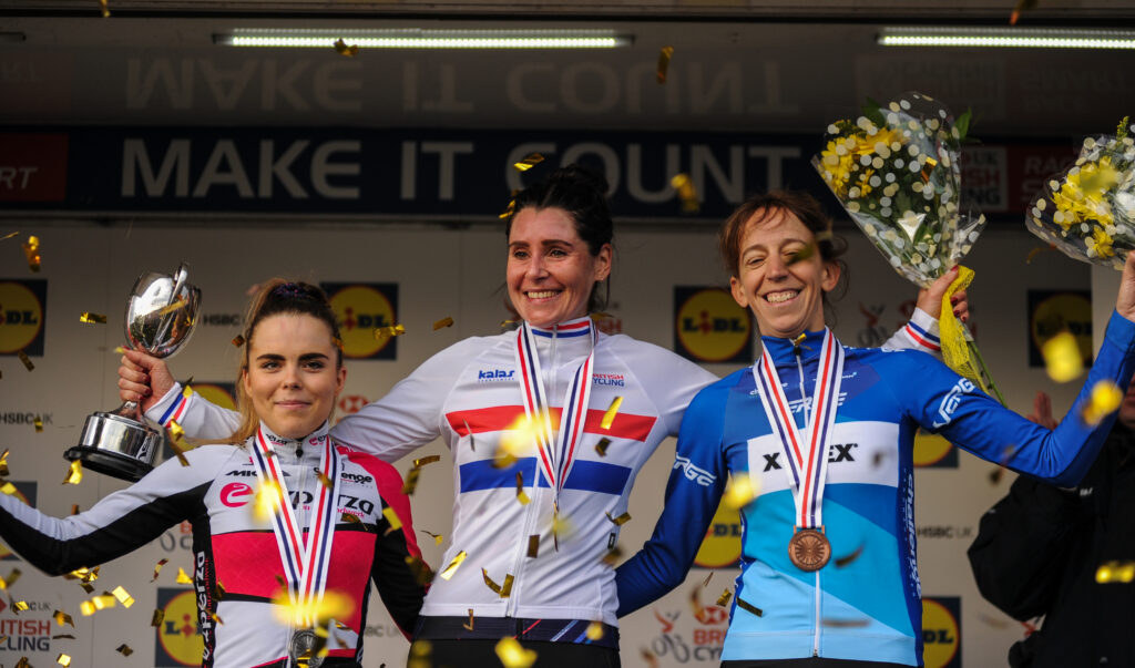 Nikki Brammeier heads the women&rsquo;s senior podium at the 2018 national cyclo-cross championships ((picture credit 5311 Media))