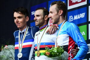Alejandro Valverde in the rainbow jersey after winning 2018 world road race title (picture credit SWPix.com, ECI)