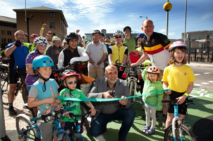 Councillor Taj Salam opens Bradford;s Canal Road Cyclewayy (picture credit CityConnect).PNG