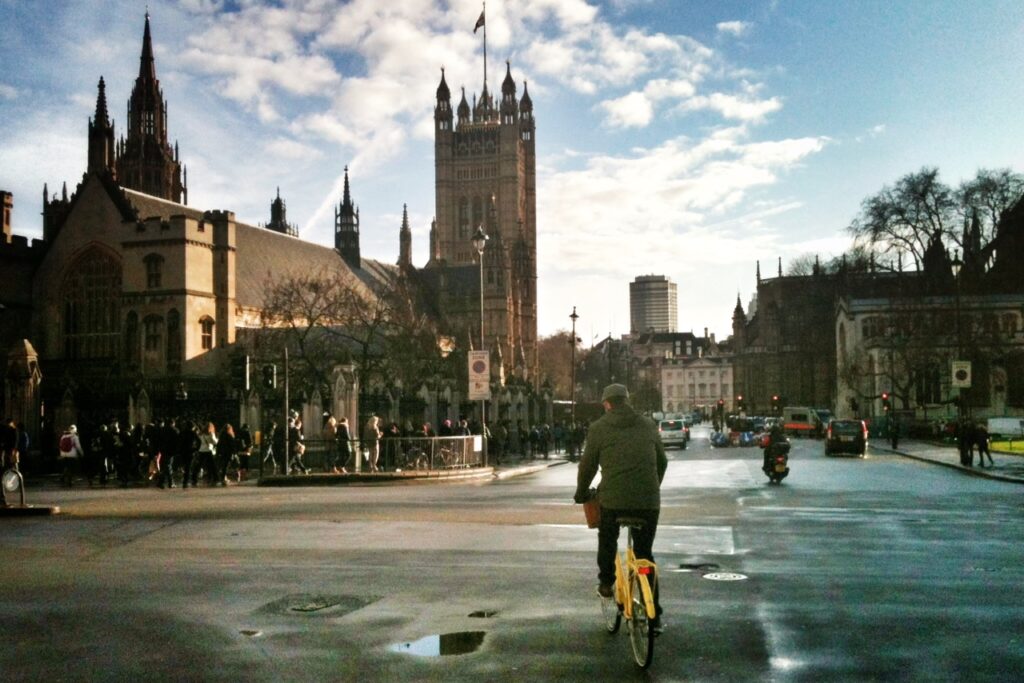 Cyclist and Palace of Westminster (copyright Simon MacMichael)