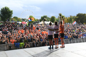 Women’s elite road race podium at The Stray Fan Zone, Harrogate, Yorkshire 2019 (picture credit SWPix.com).JPG