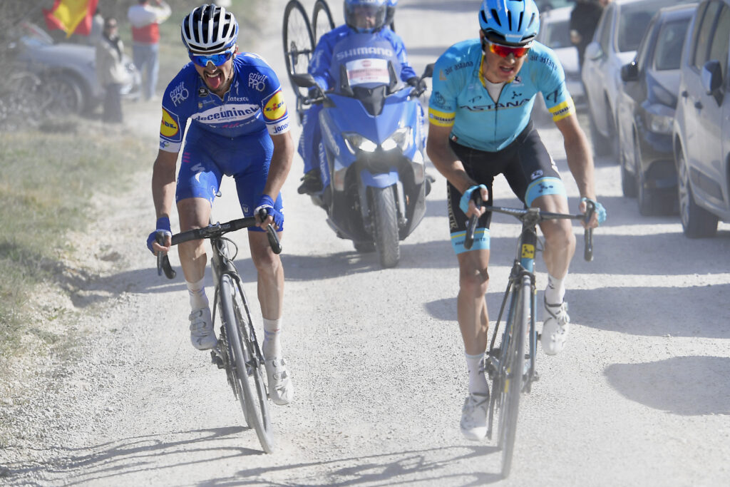 Jakob Fuglsang (right) with Julian Alaphilippe at 2019 Strade Bianche (picture credit RCS Sport).JPG