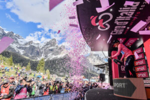 Richard Carapaz on Stage 19 podium at the 2019 Giro d’Italia