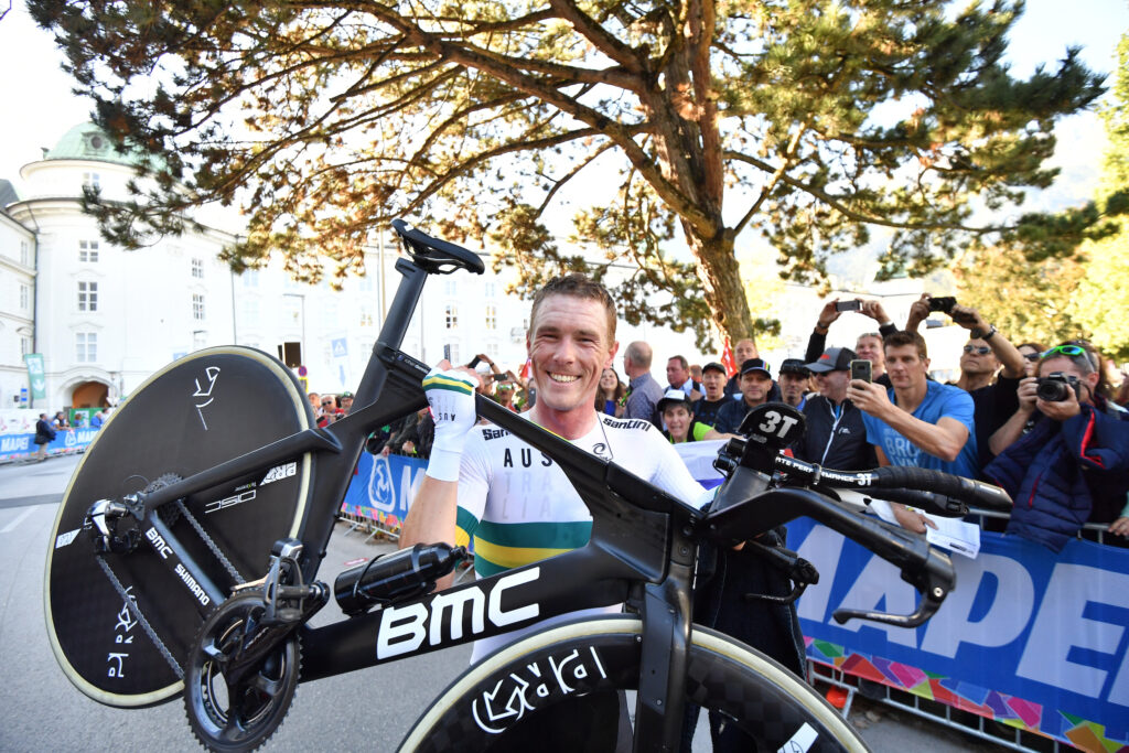 Rohan Dennis after winning World Championship in theTime Trial at Innsbruck in 2018 (picture credit Simon Wilkinson, SWPix.com).JPG