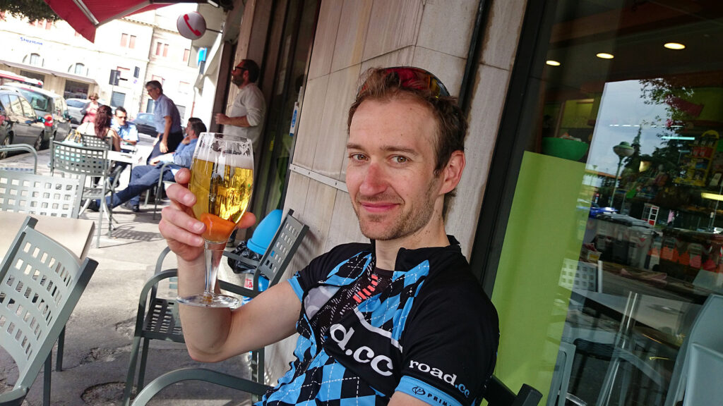 Giro stage 10 ride – dave with a finish line beer